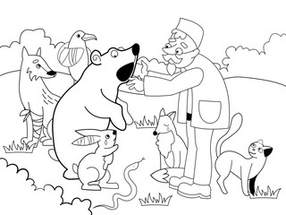 Veterinarian treats animals in the forest vector illustration. Black and white, coloring