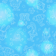 Seamless pattern with contour images of cartoon rabbits , white outline on a blue background