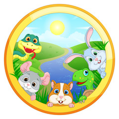Round illustration with Pets on the background of Sunny landscape, snake, chinchilla, hamster, turtle and rabbit on the background of green hills, river and Sunny sky and