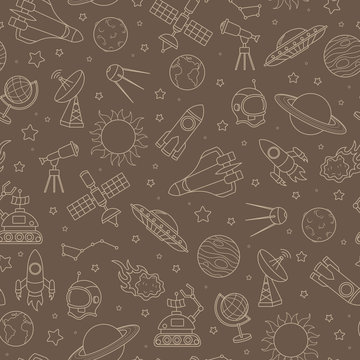 Seamless pattern on the theme of space and space flight, beige outline on a brown background