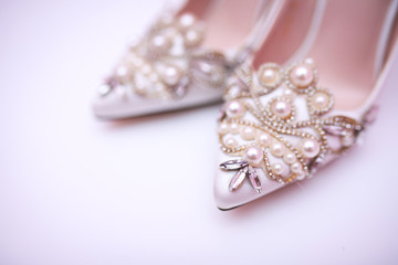 Elegant and stylish bridal shoes. Selective focus.