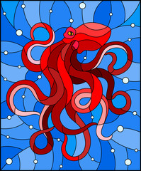 Illustration in stained glass style with abstract red octopus against a blue sea and bubbles © Zagory