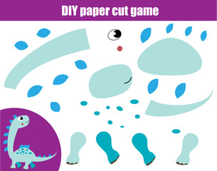 DIY children educational creative game. Paper cutting activity. Make a dino with glue and scissors