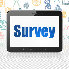 Science concept: Tablet Computer with  blue text Survey on display,  Hand Drawn Science Icons background, 3D rendering