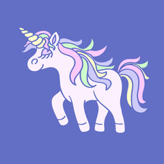 Pink unicorn with yellow horn on blue background