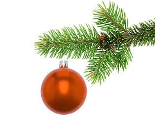 Obraz na płótnie Canvas 3D Illustration Closeup of a orange Christmas ball ornament hanging from the edge of an evergreen tree branch, isolated on a white background.