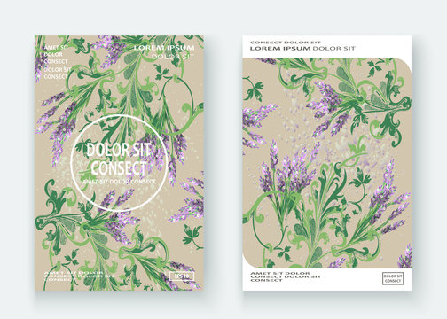 Lavender floral pattern cover design. Hand drawn creative flower. Elegant trendy background blossom greenery branche. Graphic illustration wedding, invitation, poster, greeting card, cover vector