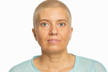 Bald woman, close-up, isolated