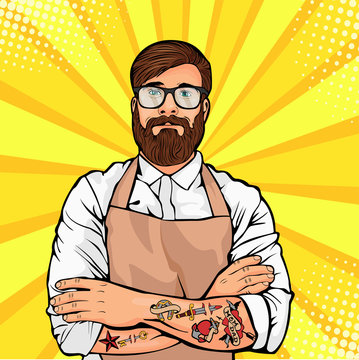 Bearded man in glasses with tattoo on arms vector illustration in comic pop art style. Hipster artisan or worker in apron