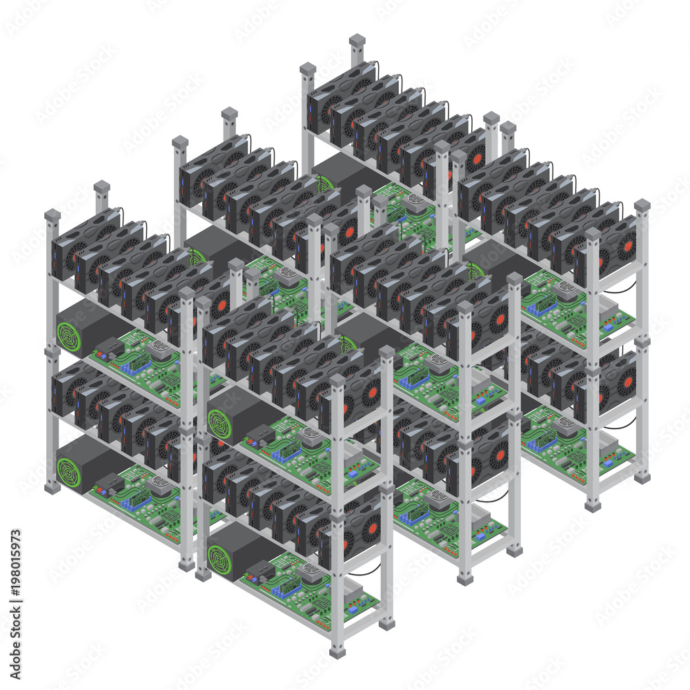 Poster several isometric vector crypto currency mining farms concept with graphic video cards isolated.