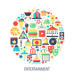 Entertainment flat infographics icons in circle - color concept illustration for Entertainment cover, emblem, template.