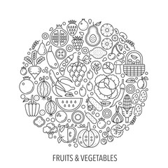 Fruits vegetables food in circle - concept line illustration for cover, emblem, badge. Fruits vegetables thin line stroke icons set.