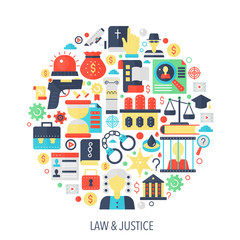 Legal, law and justice flat infographics icons in circle - color concept illustration cover, emblem, template.