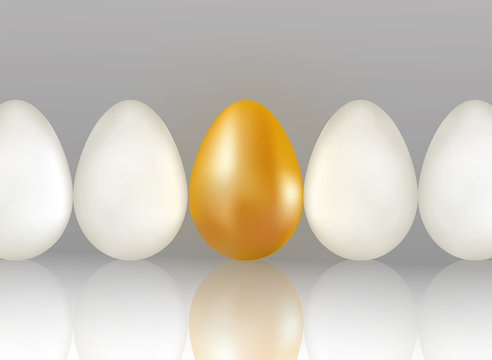Single golden egg shines among ordinary white eggs. The concept of uniqueness. One row of eggs background with reflection. Realistic Vector 3d illuctration.