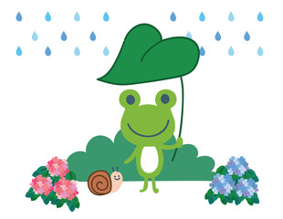 カエルとかたつむりと雨のイラスト素材