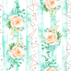 Watercolor floral seamless pattern in soft pink mint colors. Background with flowers bouquets. Roses, succulents, eucalyptus leave, geometric, rose gold illustration
