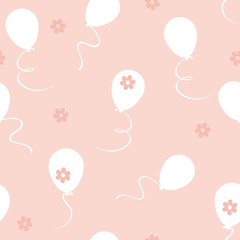 vector seamless pattern balloons and flowers, white pink colors