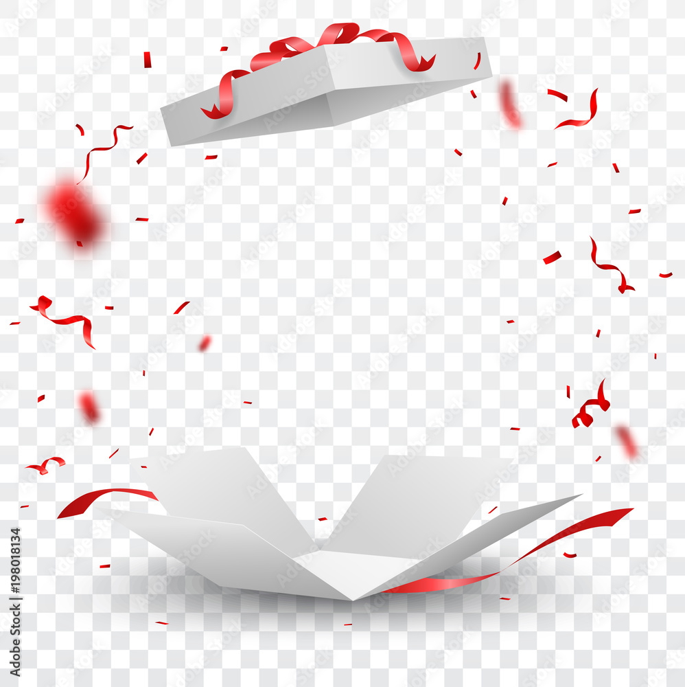 Wall mural open box with red confetti , isolated on transparent background