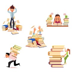 Vector flat people hard learning concept set. exhausted tired girl student or worker sitting table coffee cup, overwork studying exams man holding hair, girl climbling stack, man running with books.