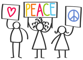 Vector illustration of stick figures protesting for peace and love, holding up signs isolated on white background