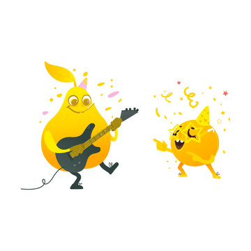 Vector cartoon fruit characters at summer party set. Orange in fancy star glasses dancing, pear playing electric guitar. Summer vacation, party poster. Isolated illustration, white background