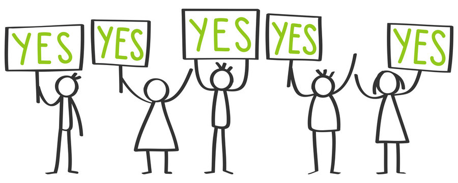 Small group of protesting stick figures, men and women holding up boards saying YES isolated on white background