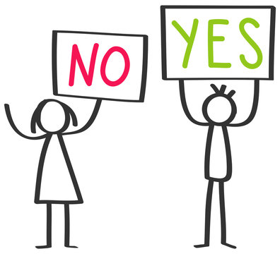 Two protesting stick figures, man and woman holding up boards saying YES and NO isolated on white background