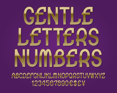 Gentle letters and numbers with currency signs. Golden font. Isolated english alphabet.