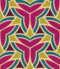 Seamless pattern morrocan ornament. Floral textile print. Islamic vector design. Oriental background with abstract flowers. Hexagonal trefoil swatch. Stained glass vitrage.