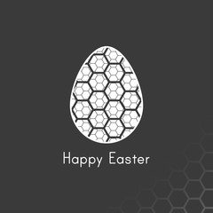 Futuristic and modern easter egg design with happy easter text and geometric honeycomb pattern. Minimal design for happy easter egg or holiday cards and illustrations in white and grey dark.