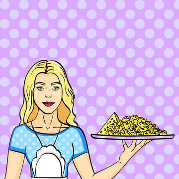 Pop art advertising cheese. The girl is holding a tray with whole and grated cheese. Comic book style imitation. Vintage retro