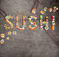 Traditional japanese sushi pieces making inscription.