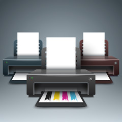 Realistic 3d printer. Business infographic. Paper A4 icon on the grey background
