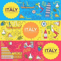Italy vector brochure cards thin line set. Country travel template of flyear, magazines, posters, book cover, banners. Layout culture monument outline illustrations modern pages