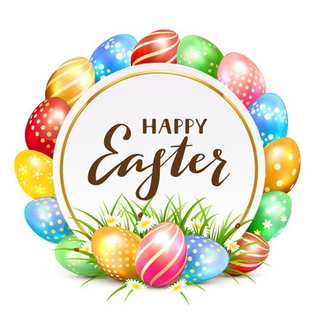 Card with colorful Easter eggs and grass