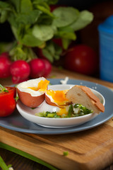 Boiled egg with crunchy bread and healthy vegetables for breakfast