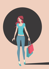 Young woman with long hair carrying bags in the shopping center