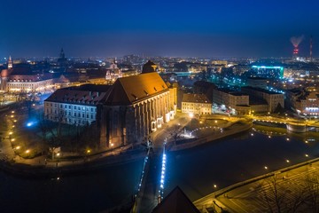 Fototapeta na wymiar Aerial night drone view on Ostrow Tumski in Wroclaw.