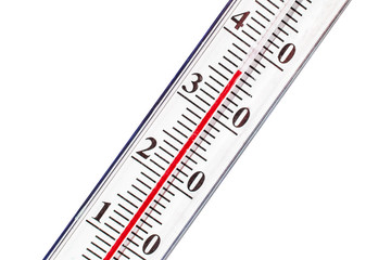 Thermometer indicating hot temperature isolated on white.