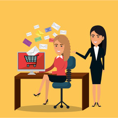 businesspeople in the office with e-mail marketing icons