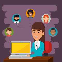 businesswoman in the office with e-mail marketing icons