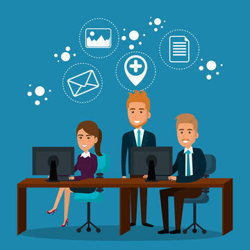 businesspeople in the office with e-mail marketing icons
