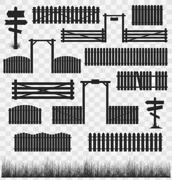 Set of black silhouettes of wooden fences with gates and guideposts. Vector collection of illustrations isolated on transparent background.