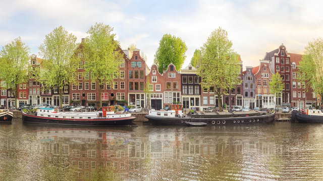 Canals of Amsterdam. Moody panorama of Rossebuurt district