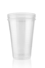 Plastic cups close up isolated on white background