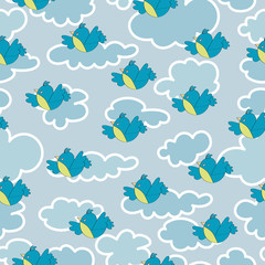 Fototapeta na wymiar Birds of the titmouse and clouds. Seamless pattern. Design for children's textiles, background image for packaging materials. Cartoon style.