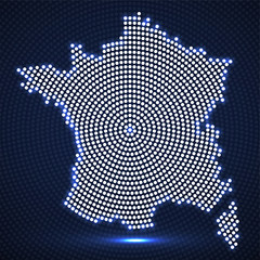 Fototapeta premium Abstract France map of glowing radial dots, halftone concept. Vector