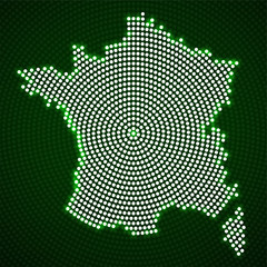 Fototapeta premium Abstract France map of glowing radial dots, halftone concept. Vector