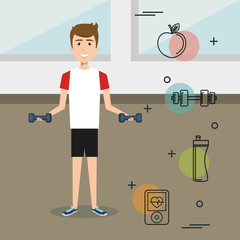 man weight lifting with sports icons vector illustration design