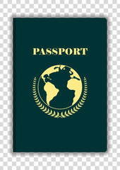 International Passport with globe map  isolated on transparent background. Mock Up Template. Vector illustration.